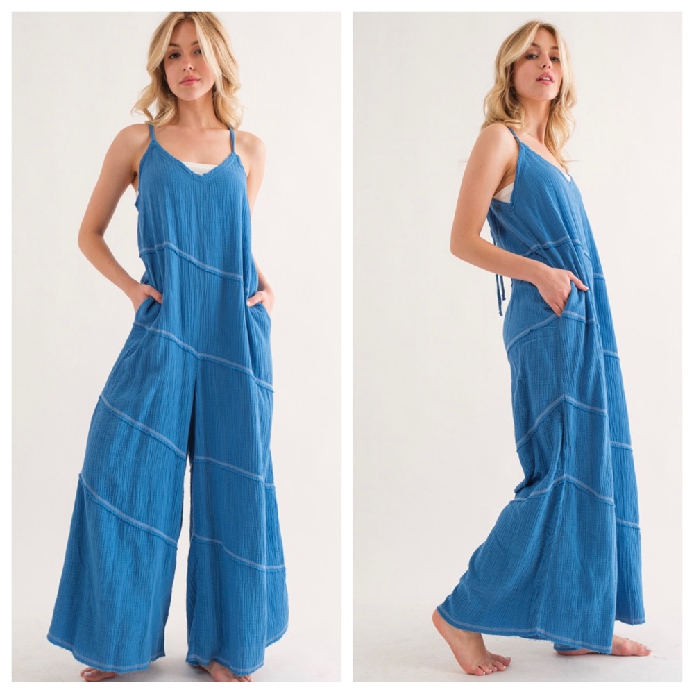 72 Boho Spaghetti Straps Contrast Stitch Jumpsuit (new )